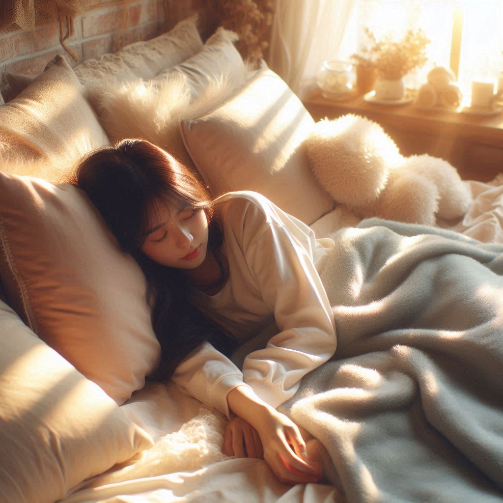 밥 먹고 바로 자면 일어나는 현상을 소개하기 위해 누워 자고 있는 이미지