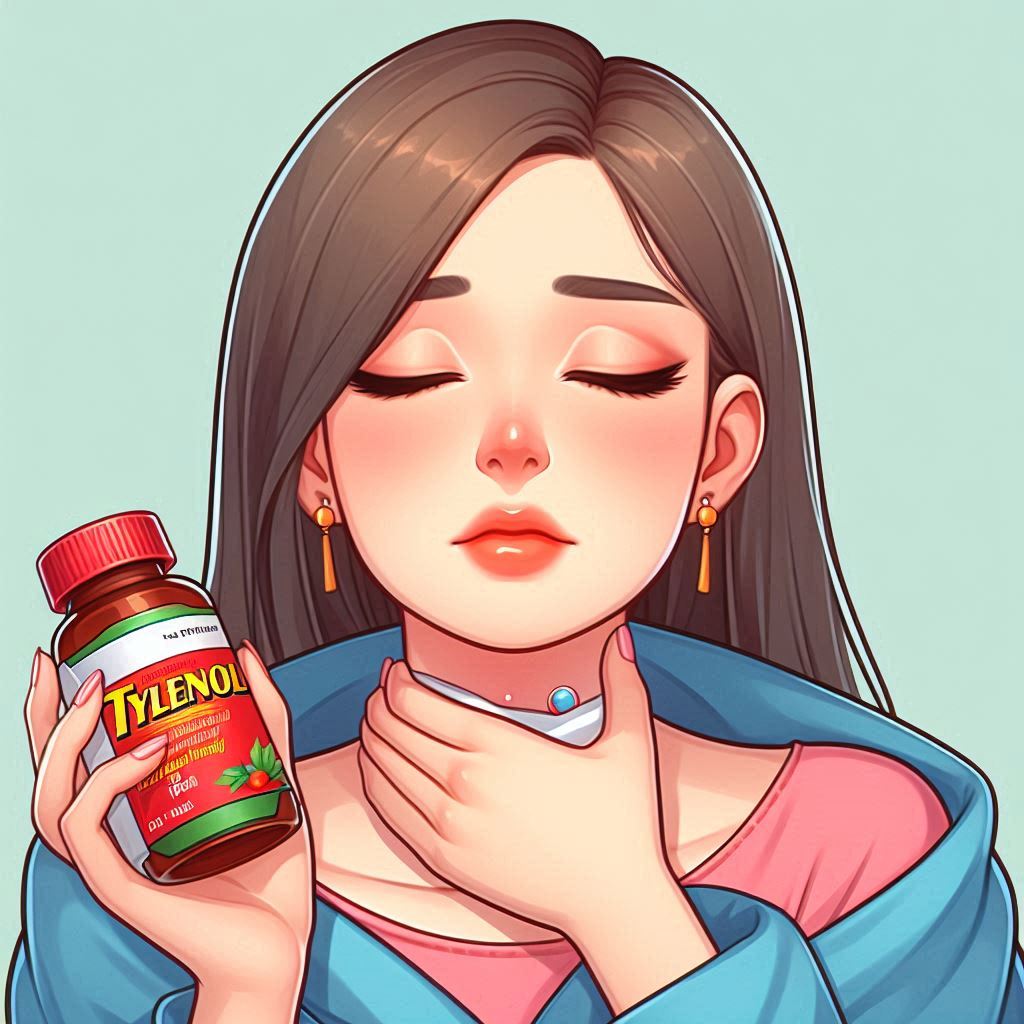 침삼킬때 목아픔 타이레놀 들고 있는 이미지