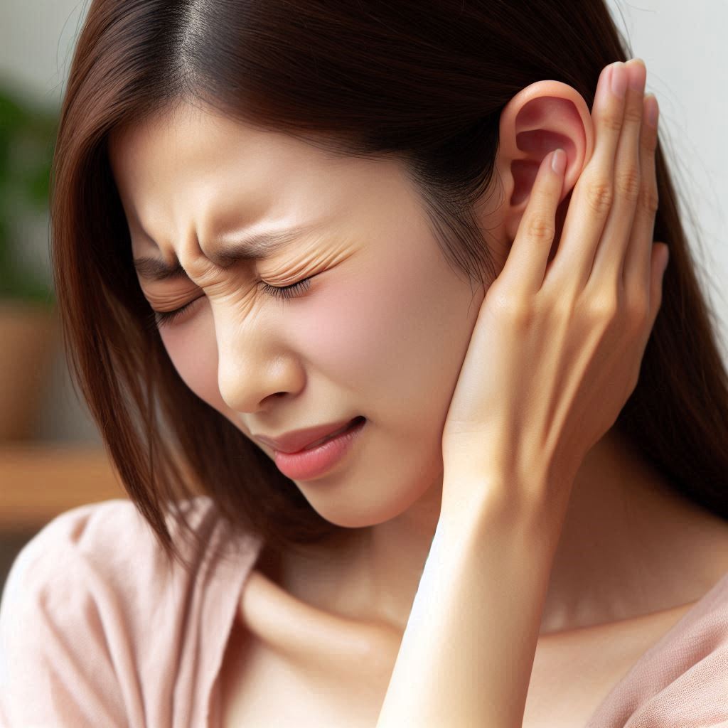 침삼킬때 귀아픔 증상으로 힘들어 하는 모습